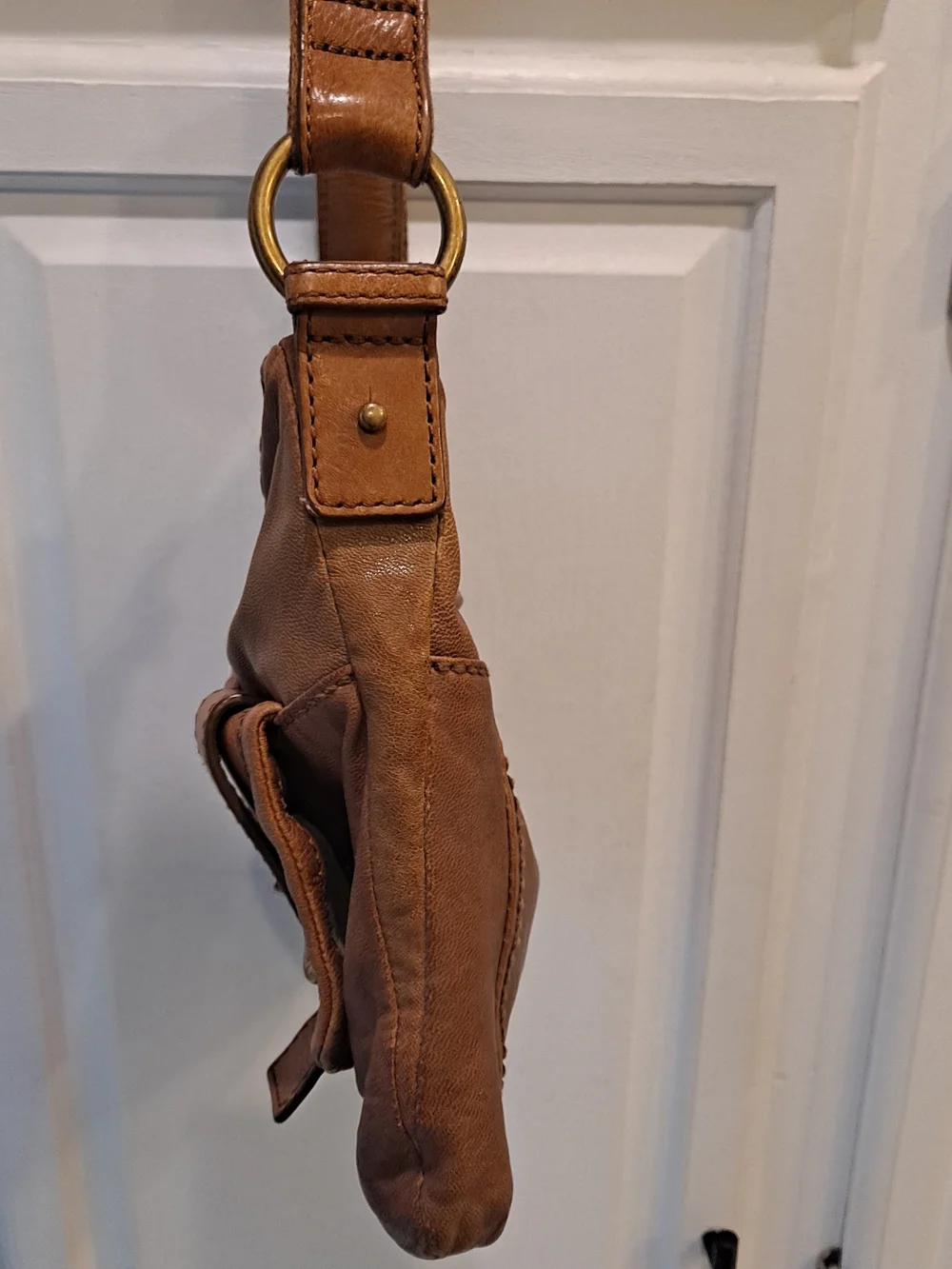 Fossil Cognac Brown Cowhide Lambhide Leather Satchel Front Buckle Flap Brass